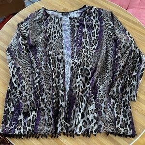 MSK Women Leopard Print Open Front Jacket & Tank Cardigan Purple Sequin Beaded